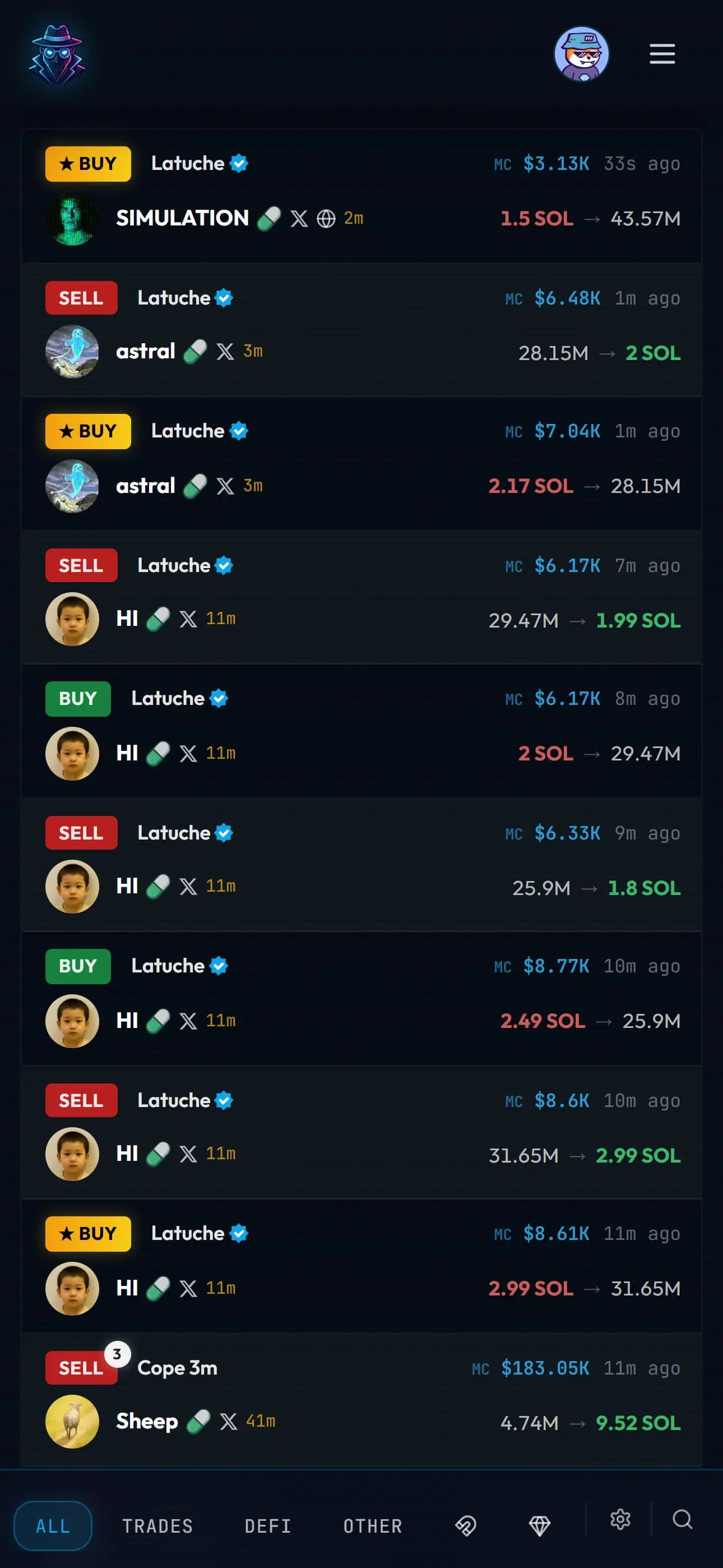 SpyBot Telegram real-time alerts feed — live buy and sell notifications with token details, market cap, and SOL amounts